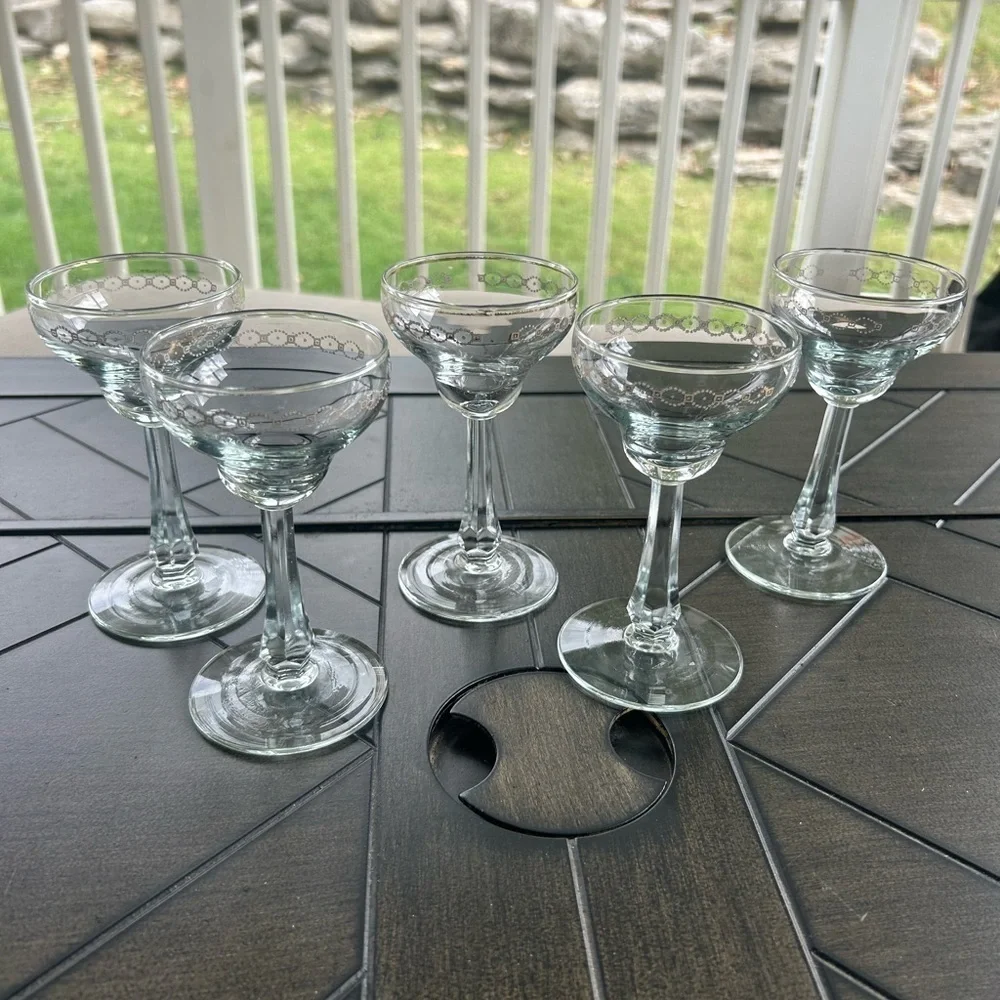 Vintage Heavy Crystal Champagne glass set of 5, gold Geo design, MCM, Cordials